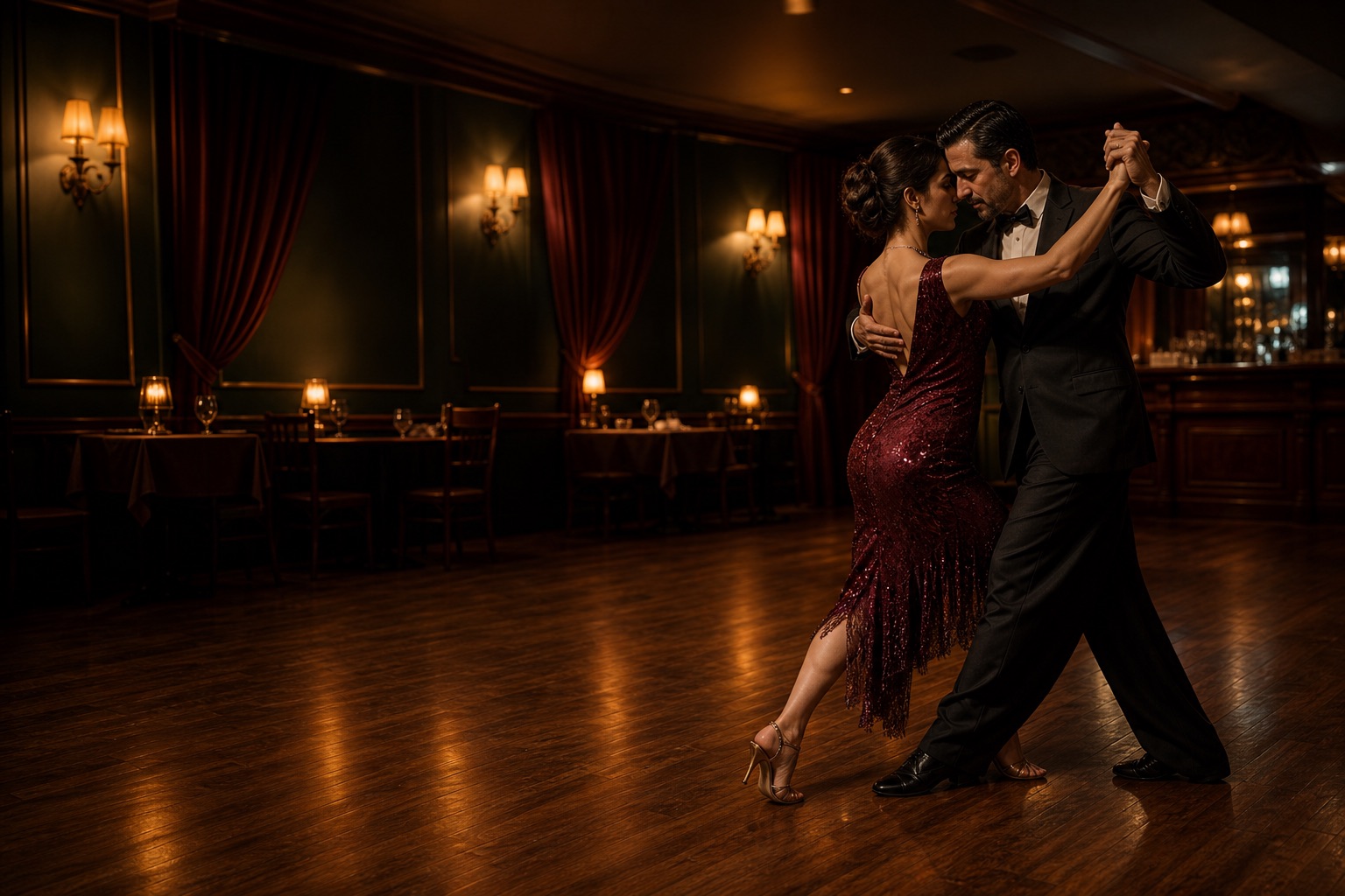 Tango dancers in close embrace at San Telmo Buenos Cyprus, Kyrenia Gate, Nicosia